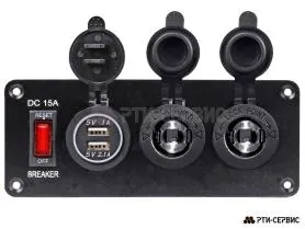 Панель с 2 разъёмами 12V (прикуриватель), 2 USB (2.1A + 1A) и переключателем - фото 1